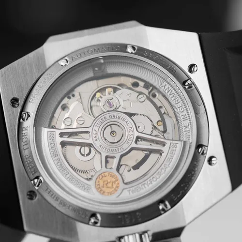 Vista 5 de REEF TIGER Relojes de buceo para hombre, reloj automático de acero, relojes militares, correa de cuero RGA6903