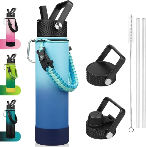Vista 25 de BJPKPK - Botella de agua con tapa de popote, botellas de agua aisladas de 18 onzas con 3 tapas, asa de cuerda de paracaídas y base antideslizante