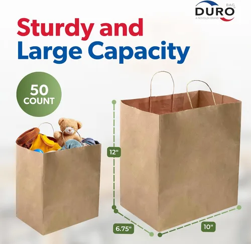Vista 3 de DURO Bolsas de regalo de papel marrón de 10 x 6.75 x 12 pulgadas con asas, bolsas de compras de papel kraft reciclado con asas a granel