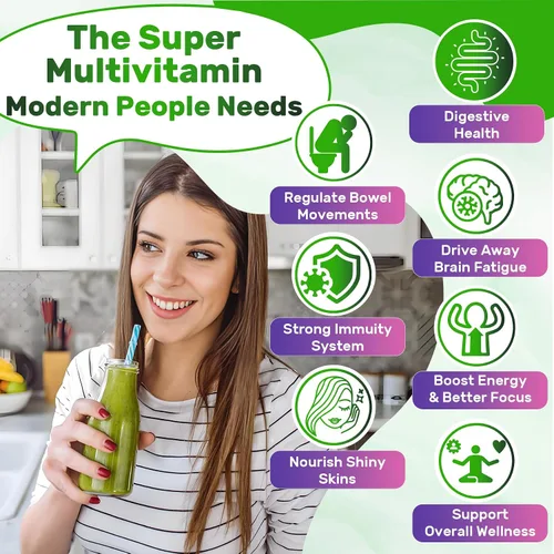 Vista 6 de Gomas Super Greens, alternativa en polvo de superalimento de verduras con espirulina, clorela, fibra prebiótica, probiótico, vegetales y frutas