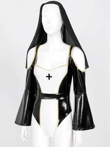 Vista 3 de Manyakai Disfraz de monjas metálicas brillantes para mujer disfraz de fiesta con diadema para discoteca