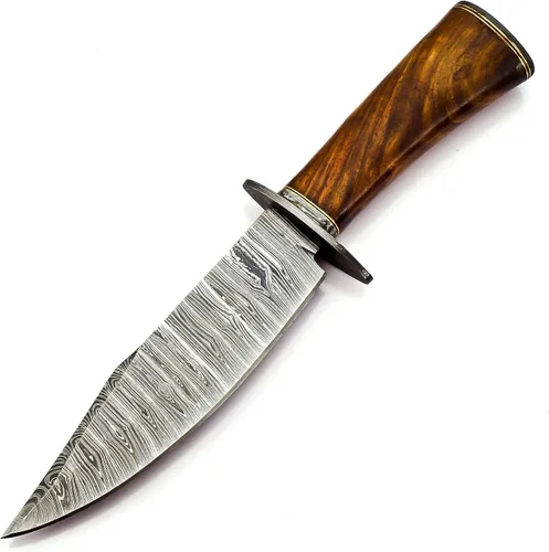Vista 4 de Nooraki BK-348 Cuchillo Bowie hecho a mano de acero de Damasco con funda de cuero, cuchillo multiusos, mango de palisandro con protector de damasco