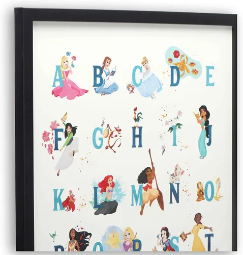 Vista 4 de Decoración de pared de madera enmarcada con alfabeto de princesas Disney - Gran imagen de princesa con Bella, Cenicienta, Ariel, Rapunzel y más
