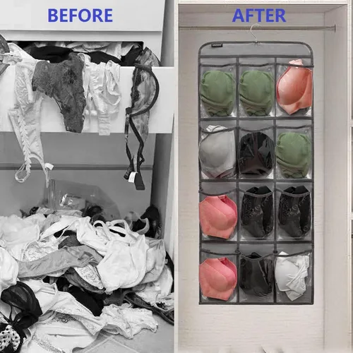 Vista 4 de Organizador de zapatos colgante de doble cara para armario con colgador giratorio, soporte para zapatos colgante con 24 bolsillos grandes