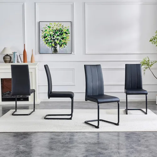 Vista 5 de Juego de 2 sillas de comedor, sillas de comedor tapizadas con respaldo alto negro con patas de metal cromado, sillas laterales de cocina modernas