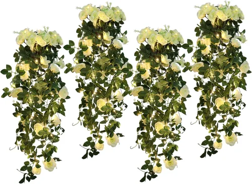 Vista 31 de RECUTMS - Guirnalda de flores artificiales colgantes de rosas negras, 2 guirnaldas florales falsas de 3.3 pies con 30 luces LED para pared
