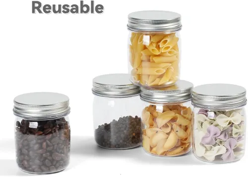 Vista 6 de Tarros de plástico reutilizables con tapa hermética plateada, tarros transparentes de 8 onzas para alimentos secos, café, sin BPA