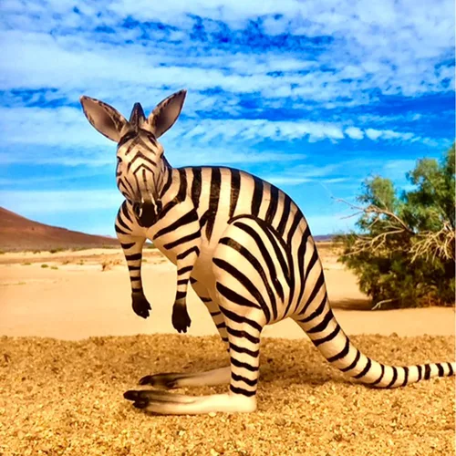 Vista 4 de Randimals Figura de Juguete de Canguro Estilo Cebra de 5", Juguete de Figura de Acción de Animal de Goma Dura Premium, Amigo Híbrido Fomenta