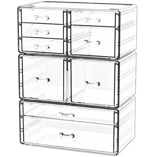 Vista 10 de Cq acrylic Paquete de 2 organizadores de escritorio transparentes con cajones, organizador apilable de 6 cajones para el cuidado de la piel, lindos