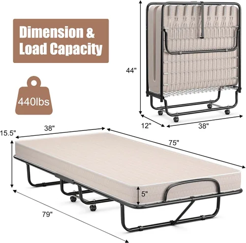 Vista 3 de KOMFOTT Cama plegable individual con colchón de 5 pulgadas, cama plegable con colchón de espuma viscoelástica, cama plegable portátil con marco