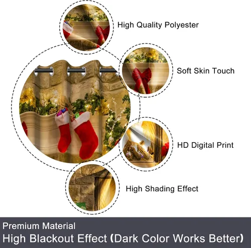 Vista 6 de Cortinas con adornos de Navidad impresos, cortinas para ventana de chimenea, calcetines de Navidad, árboles de Navidad, regalos, paneles opacos
