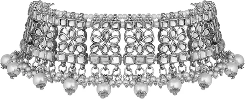 Vista 5 de Aheli Elegant Indian Faux Kundan Studded Choker Necklace with Maang Tikka Earrings Set Ethnic Wedding Festive Wear Fashion Jewelry for Women, Girls