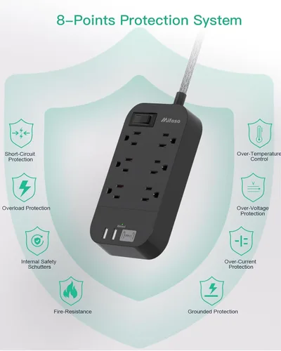 Vista 7 de Regleta de alimentación - Cable de extensión de enchufe plano de 10 pies de largo, 6 tomas, 4 puertos USB (2 USB C), extensor de toma, montaje