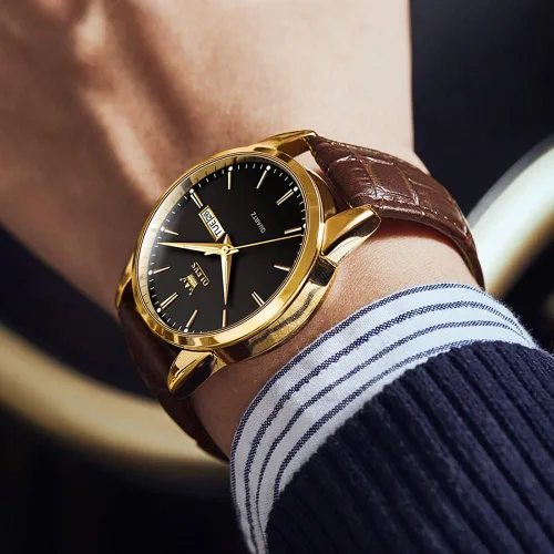 Vista 8 de OLEVS Reloj para hombres cronógrafo marrón cuero oro caso analógico cuarzo moda negocios vestido grande hombres reloj día fecha luminoso impermeable