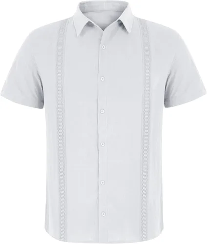 Vista 2 de Hestenve Guayabera - Camisas casuales de lino de algodón con botones y manga corta para hombre camisa hawaiana cubana de verano para la playa