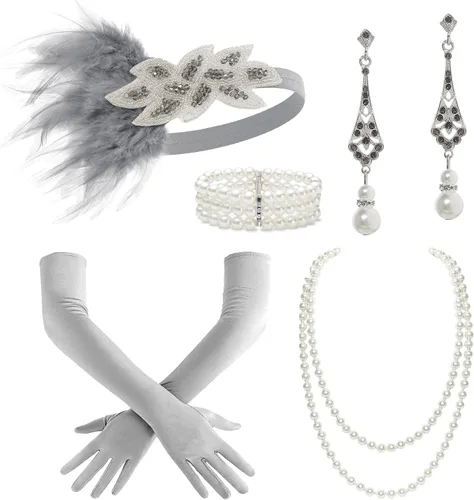 Vista 11 de BABEYOND - Accesorios estilo 1920s, Set de accesorios para disfraz Gatsby de los años 20s, diadema Flapper, collar de perlas, guantes, soporte