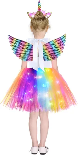Vista 2 de NSSONBEN Girls Sequin Unicorn Custome LED Light Up Onesie Tutu Dress Birthday Gifts Halloween Costume with Headband and Wings