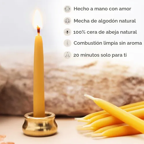 Vista 4 de Juego de velas de meditación consciente con 12 mini velas cónicas de cera de abeja con soporte de latón para oración y reflexión, regalos