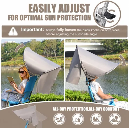 Vista 4 de Toldo universal XL resistente al viento para silla, extra grande plegable UPF 50+ con abrazadera ajustable, se adapta a la mayoría de la playa