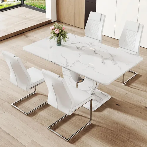 Vista 102 de JUFU Juego de mesa de comedor moderno para 4, juego de mesa de cocina rectangular de 63 pulgadas con mesa de mármol sintético y 4 sillas tapizadas