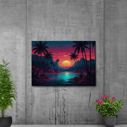 Vista 5 de Neon Sunset Vibes Florida Synthwave Sunset Framed Canvas Print, Retro Miami Style Wall Art, Canvas, Decor