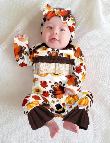 Vista 3 de WIQI Ropa para bebé recién nacida, con volantes, manga larga, lindo mameluco con diadema