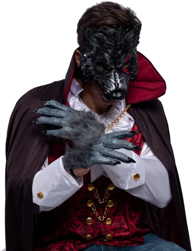 Vista 3 de Spooktacular - Máscara de lobo y garras de Halloween realista negro grande malo aullante 3D disfraz de hombre lobo con manchas de sangre incluye