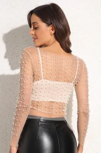Vista 2 de Blusa de malla de manga larga con diamantes de imitación de perlas para mujer, una pieza, cubierta de fiesta de Halloween