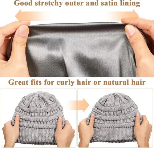 Vista 4 de Geyoga Gorros de invierno con forro de satén cálido y grueso, gorros holgados para mujer