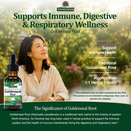 Vista 5 de Nature's Answer Goldenseal Root Suplemento a base de hierbas Apoya un sistema inmunológico saludable Sin gluten y sin alcohol 1 oz