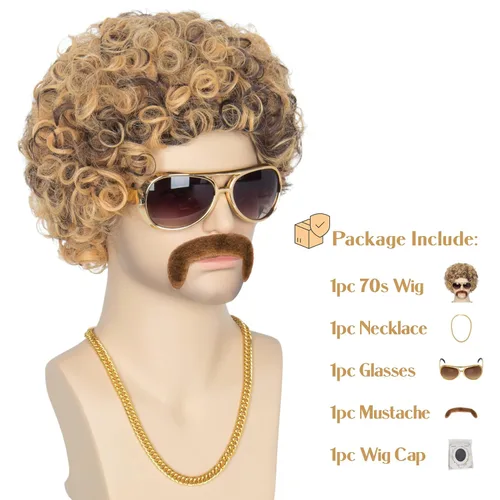 Vista 2 de Miss U Hair - Peluca de cabello de los años 70 para hombres, peluca de fiesta de Halloween, peluca corta y rizada de los años 70 para hombres