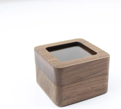 Vista 6 de Caja de anillos de madera cuadrada rústica con tapa transparente, para parejas, caja de compromiso, boda, dos ranuras, terciopelo negro