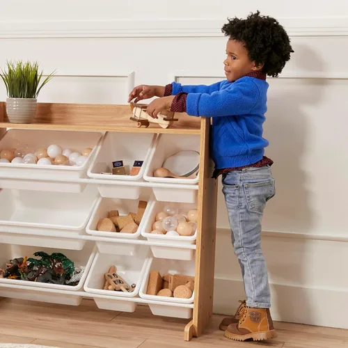 Vista 2 de ECR4Kids Organizador de 3 niveles con estante y 9 contenedores, almacenamiento para juguetes, natural oscuro/blanco