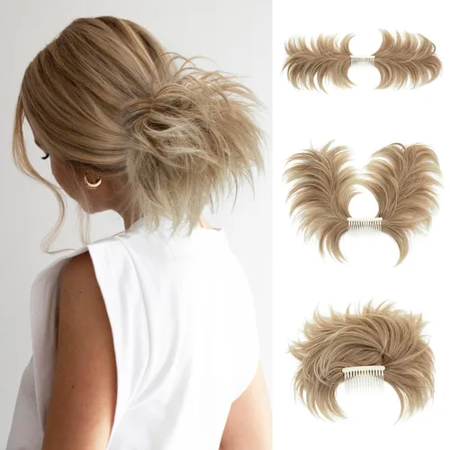 Vista 20 de Peine de moño desordenado con clip lateral para mujer, corto, natural, lacio, versátil, ajustable, fácil de peinar, (rubio ceniza-C)