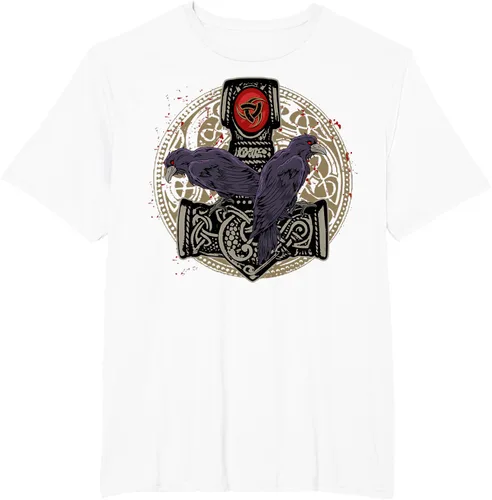 Vista 13 de Thors Hammer Mjolnir Huginn and Muninn Odin Raven - Camiseta, Negro, S