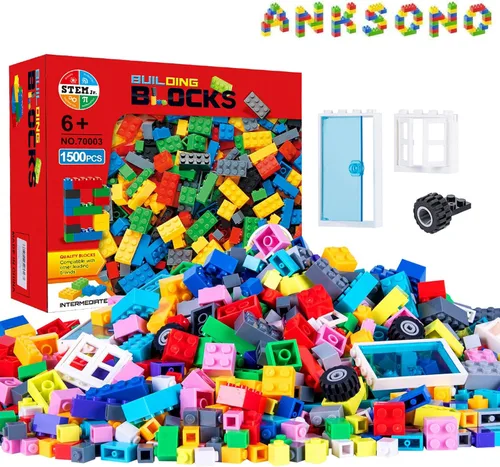 Vista 10 de 1000 ladrillos de construcción, bloques de construcción clásicos a granel para niños con 12 accesorios de ruedas, ventanas, puertas, 2 paquetes