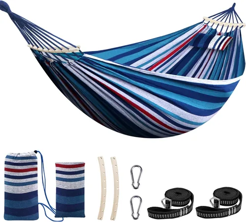 Vista 11 de Chihee - Hamaca de algodón grande y transpirable para acampar, con capacidad de hasta 660 libras, portátil, con barra separadora desmontable