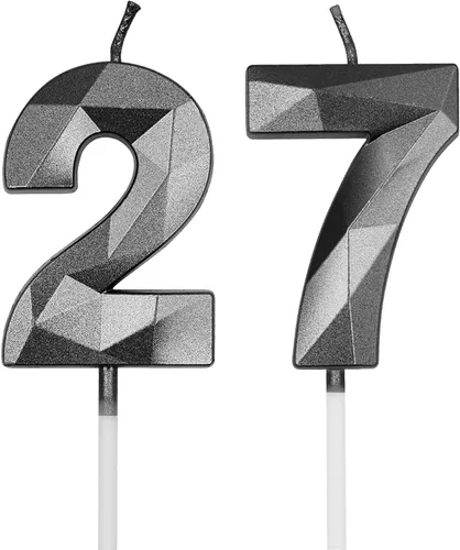 Vista 8 de Velas de cumpleaños de 27 y 72 para pastel, número plateado 27 72 3D con forma de diamante, decoración de cumpleaños, suministros de fiesta