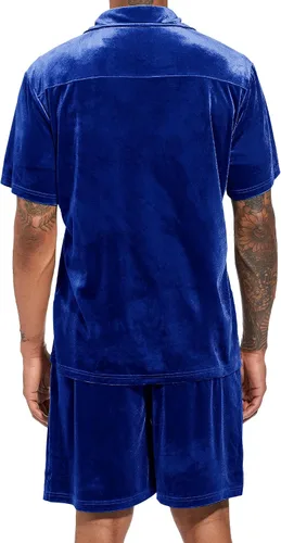Vista 3 de LecGee Conjuntos de Pantalones Cortos Casuales de Verano para Hombres Camisa de Terciopelo de Manga Corta con Botones Pantalones Cortos de Cintura