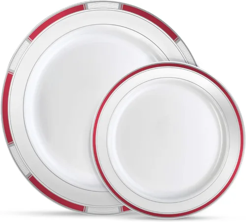 Vista 11 de Laura Stein Juego de vajilla de diseñador 32 cuencos de plástico desechables para fiestas, cuenco blanco con borde azul y detalles dorados