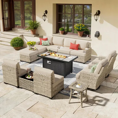 Vista 34 de HOOOWOOO Juego de Muebles Seccionales para Patio al Aire Libre, 6 Piezas Juegos de Conversación de Mimbre Sofá en Forma de L, Sofá Extra Profundo