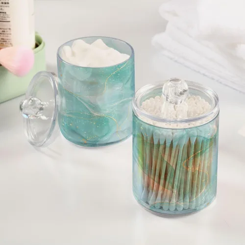 Vista 5 de Juego de 2 dispensadores de bastoncillos de algodón de mármol turquesa, recipiente de almacenamiento para baño, tapa de plástico acrílico, frasco