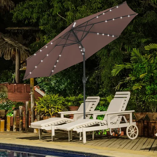 Vista 27 de Sombrilla solar de patio de 10 pies con base, 32 luces LED, sombrilla de mercado al aire libre con botón de inclinación y grietas para jardín Azul
