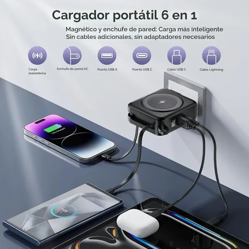 Vista 2 de Banco portátil del poder del cargador 10000mAh construido en cables y enchufe de pared PD 22.5W USB C carga rápida, carga inalámbrica magnética