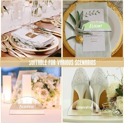 Vista 4 de Bucherry 30 tarjetas de lugar de acrílico transparente para bodas, 2 x 4 pulgadas, tarjeta de número de mesa de medio círculo, placa