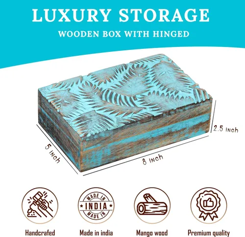 Vista 3 de Caja de madera - Caja de recuerdo con tapa - Caja de memoria para recuerdo - Diseño de hojas - Caja de cristal para guardar piedras, diseño grabado