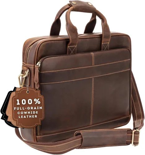 Vista 10 de Luxorro Maletín de cuero de grano completo para hombre, bolsa para laptop con compartimento de cuero para computadora