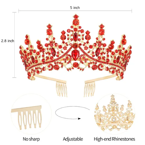 Vista 7 de Velscrun Tiara de cumpleaños de cristal rojo para mujeres y niñas, elegante corona de princesa con peinetas, banda para la cabeza, banda