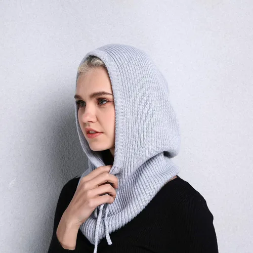 Vista 3 de Facecozy Sombreros de invierno para mujer, gorro de bufanda con capucha para mujer, pasamontañas de punto, gorro con cordón