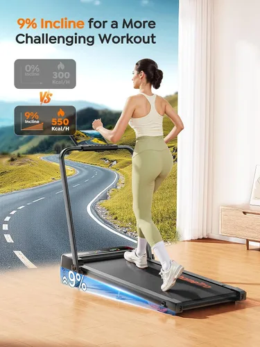Vista 7 de Walking Pad Treadmill with 9% Incline & Dual LED Display, 4 in 1 Foldable Treadmill with Handle bar for Home/Office, 3.5HP Portable Under Desk